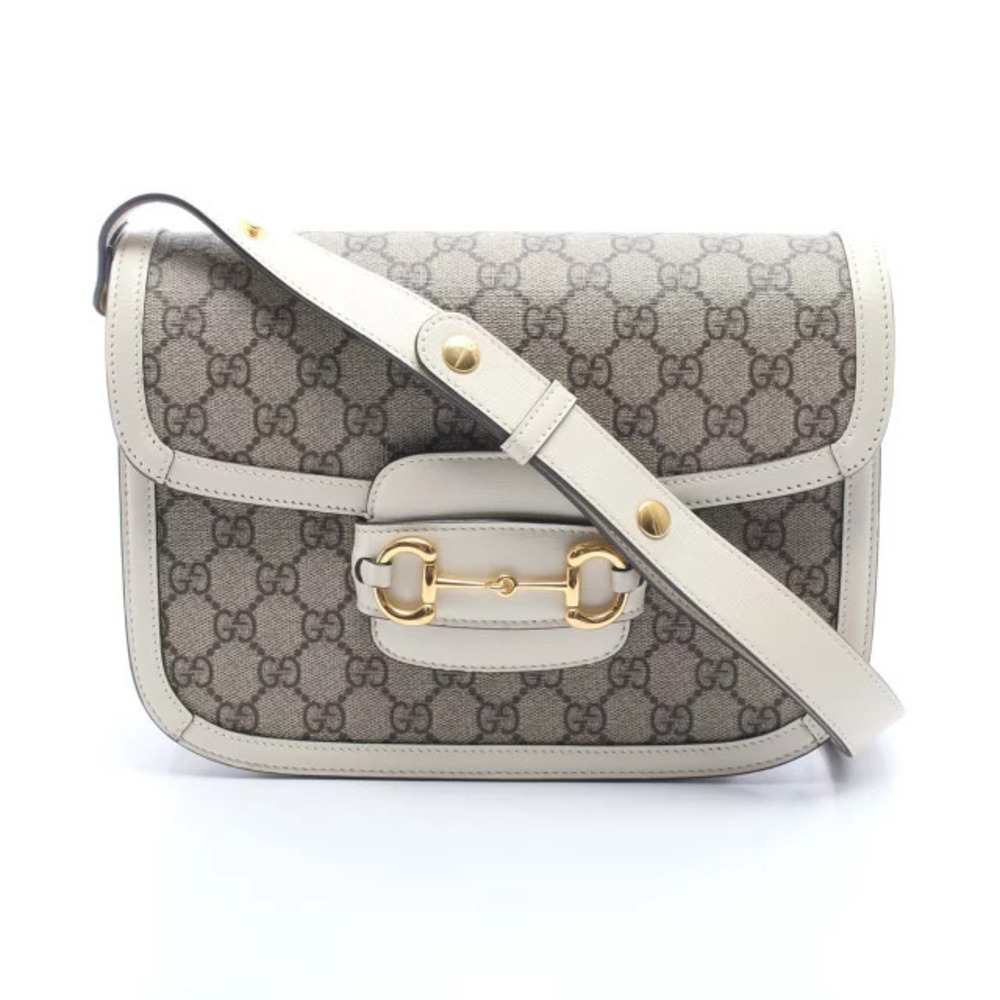 Gucci Horsebit GG Supreme Shoulder Bag Canvas Leather Beige Cream Brown White